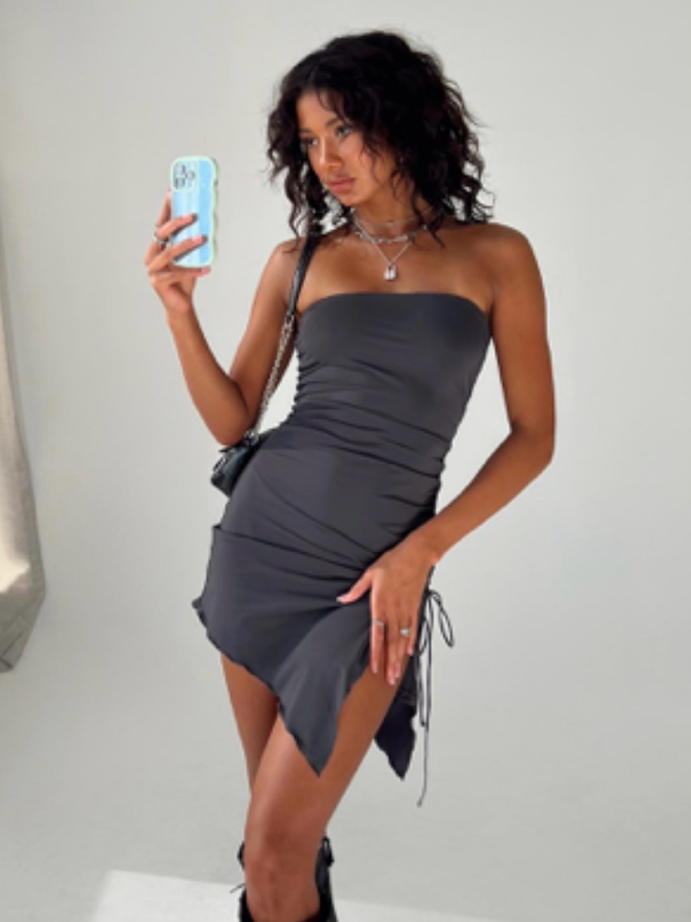 Princess Polly Strapless Ruched Asymmetric Mini Dress - grey